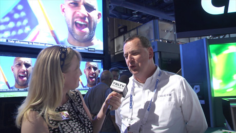 Christie's Manager, Marketing Programs, Douglas Grant talks Christie Roadie 4K with YBLTV Anchor, Erika Blackwell at InfoComm 2014.
(Image Courtesy: Christie Digital Systems USA, Inc. / Your Biz LIVE).